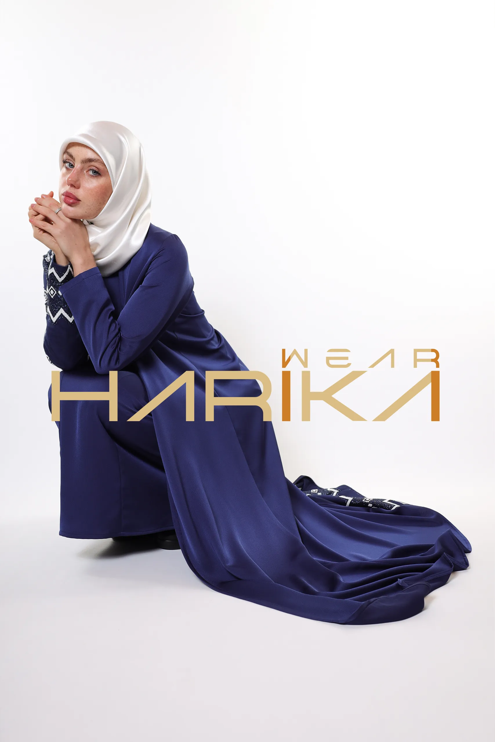 Evening Star Royal Embroidered Navy Blue 3 Piece Abaya Set (Abaya-dress and a belt) - Image 5