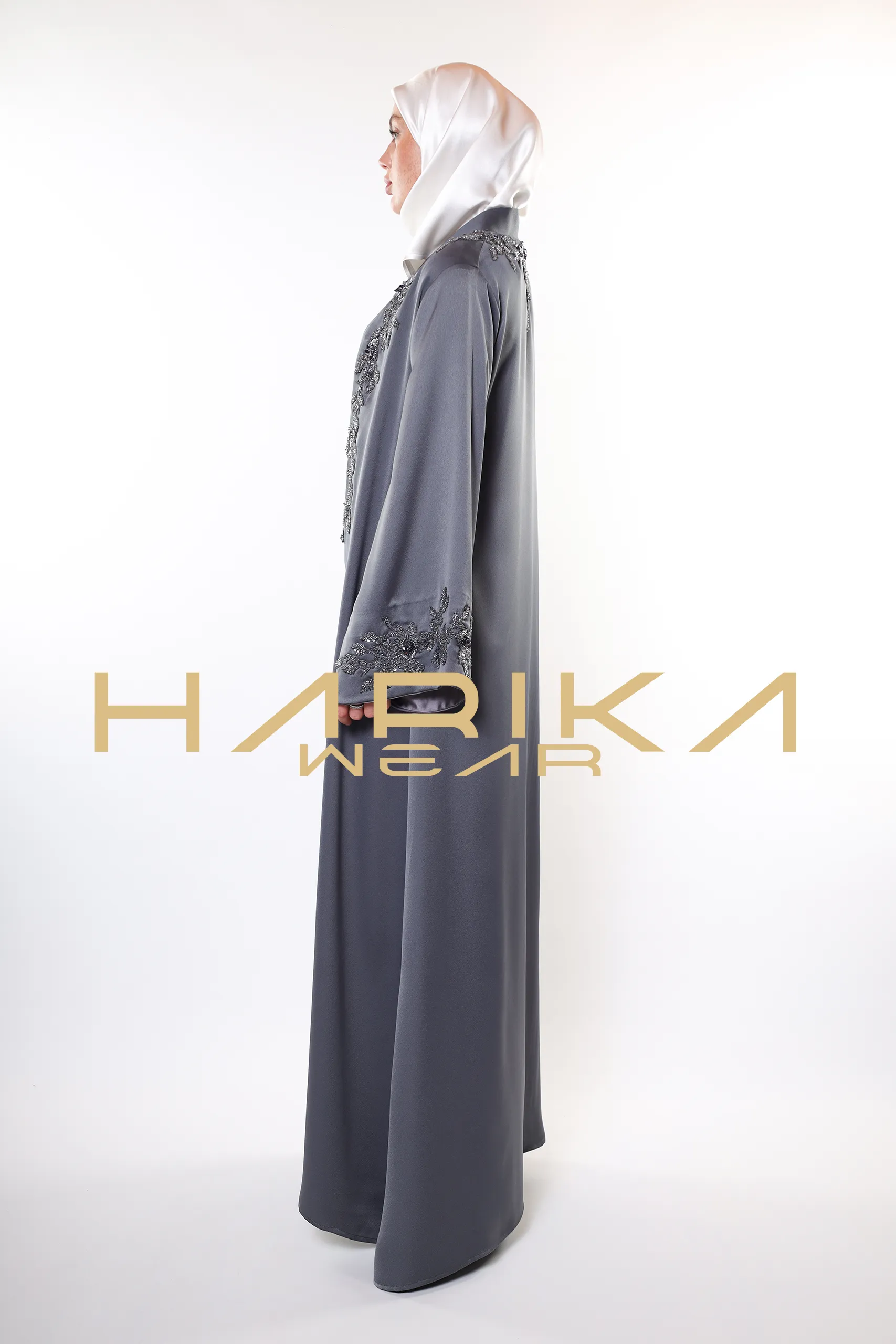Elegant Grey Abaya with Crystals Embroidery - Image 5