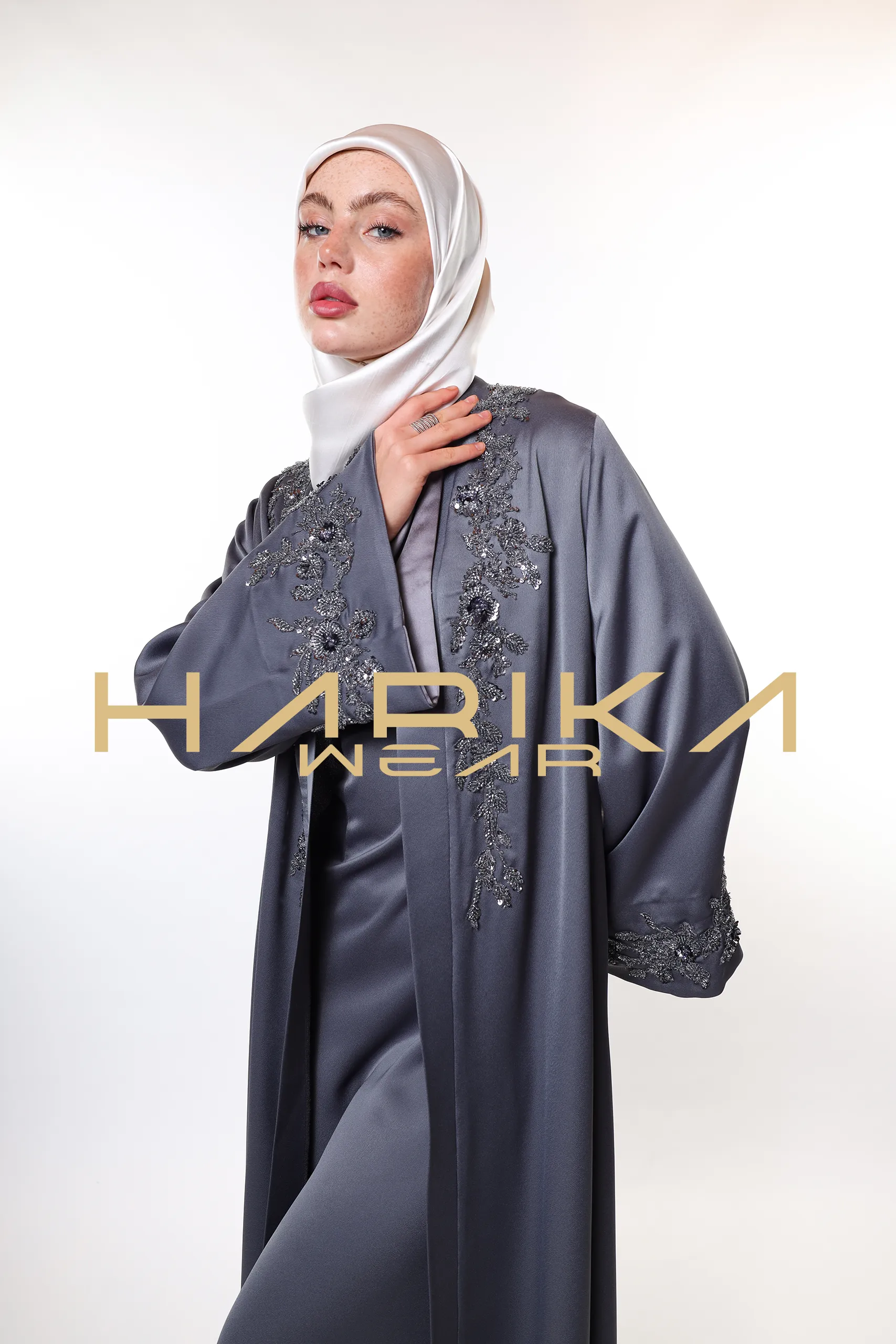 Elegant Grey Abaya with Crystals Embroidery - Image 6
