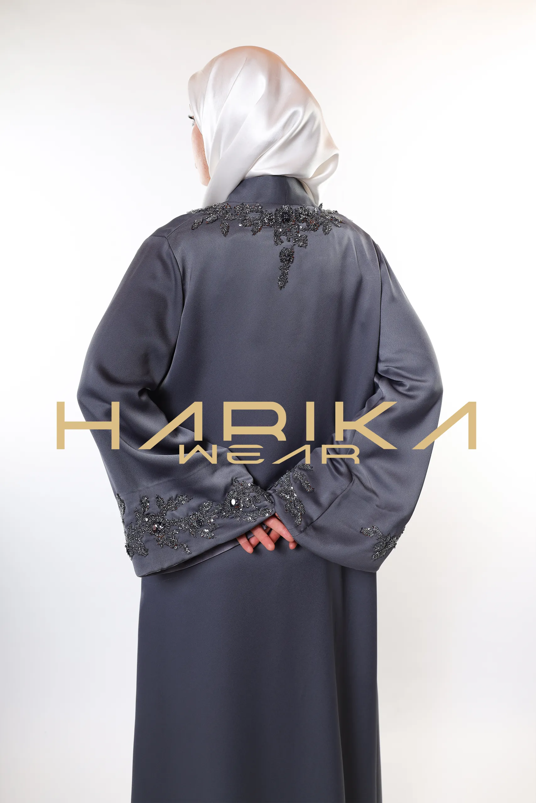 Elegant Grey Abaya with Crystals Embroidery - Image 7