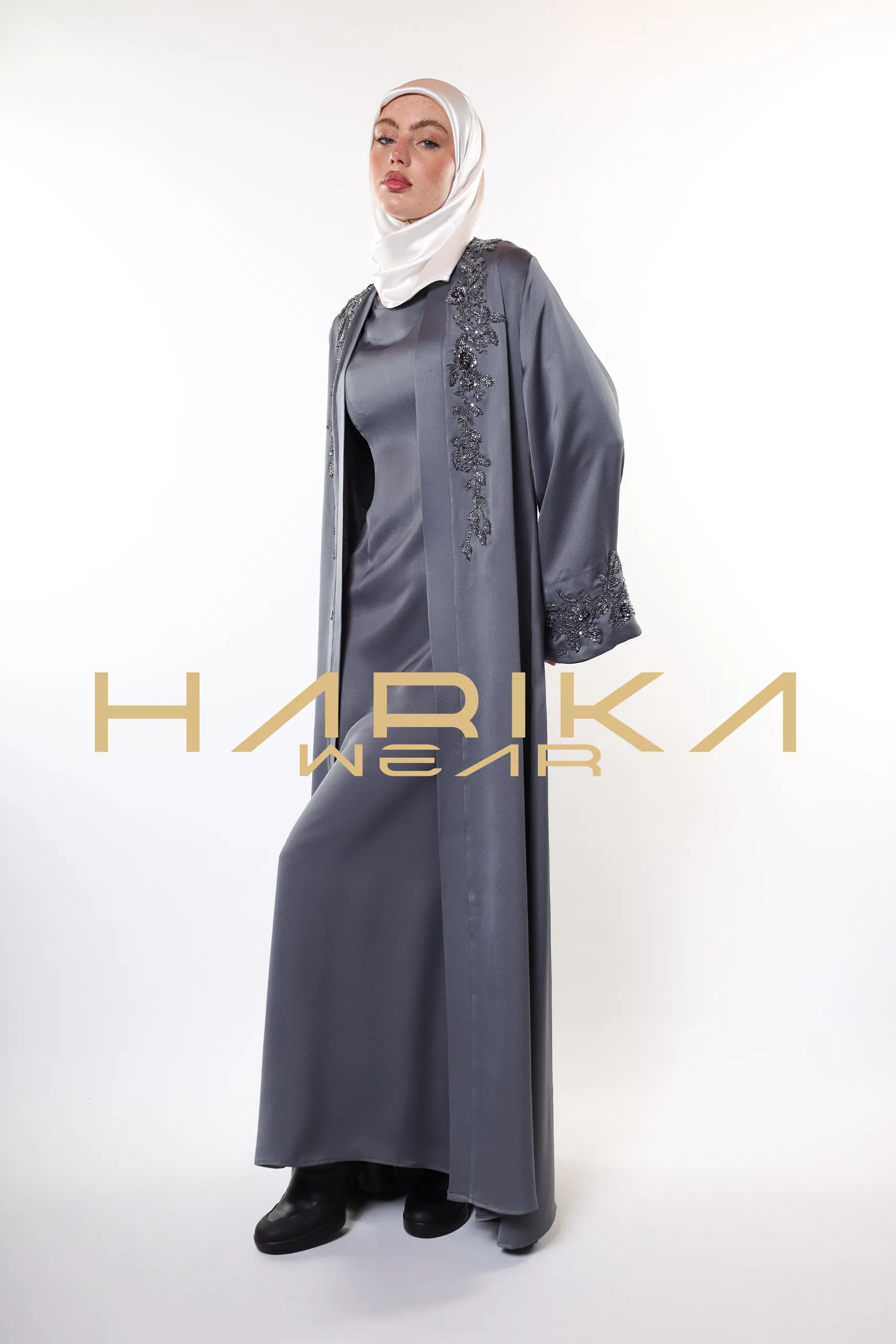 Elegant Grey Abaya with Crystals Embroidery - Image 8