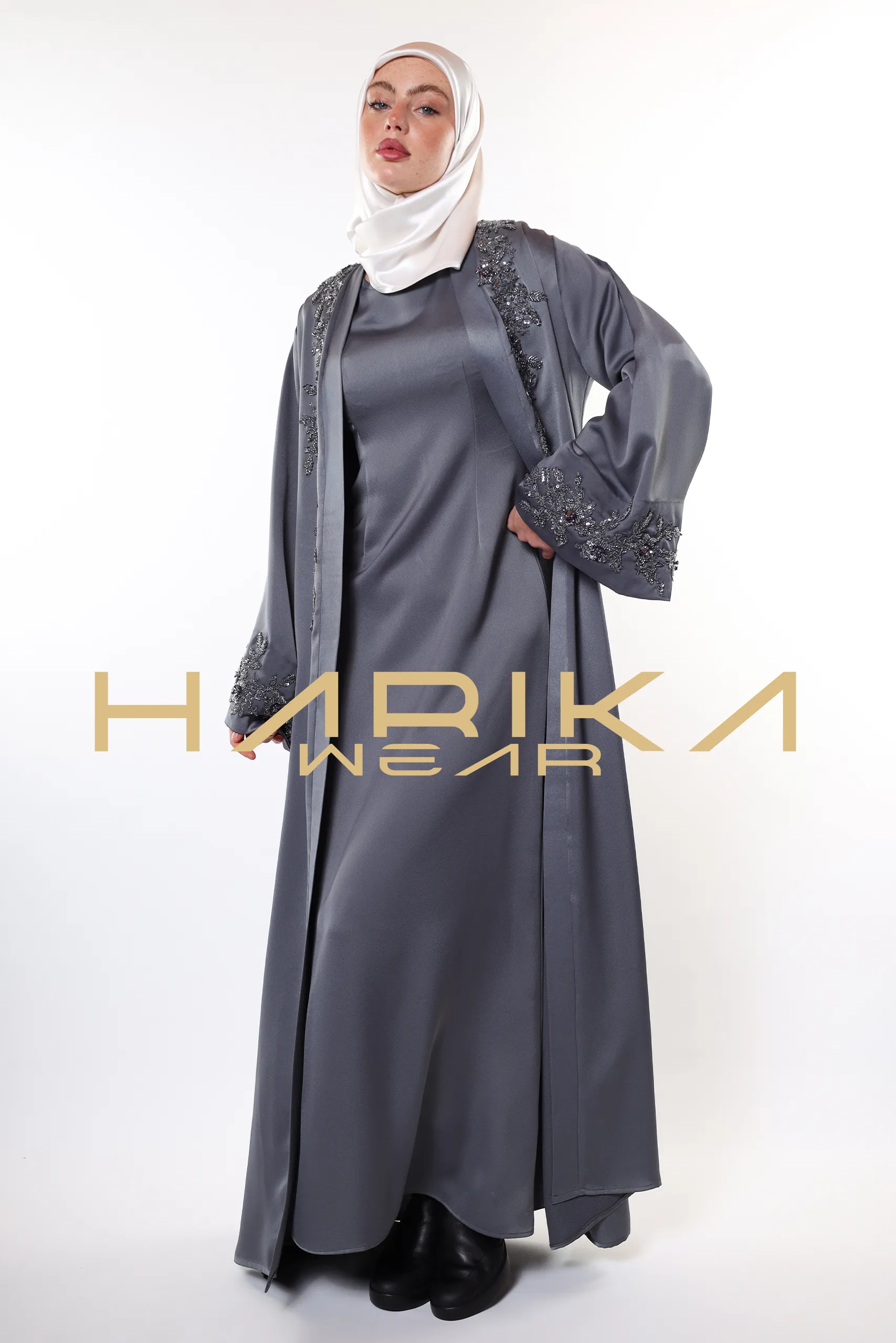 Elegant Grey Abaya with Crystals Embroidery - Image 9
