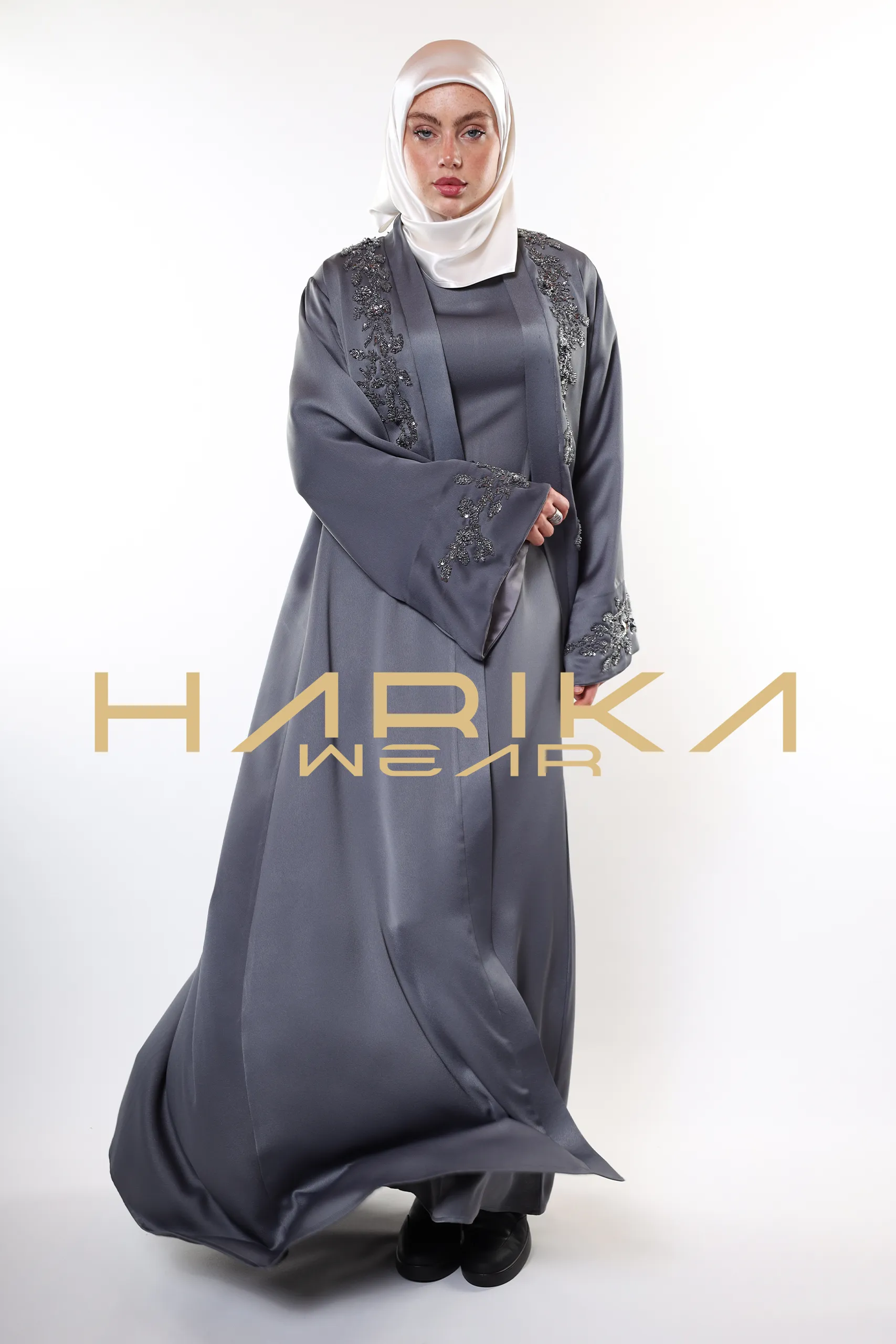 Elegant Grey Abaya with Crystals Embroidery - Image 10