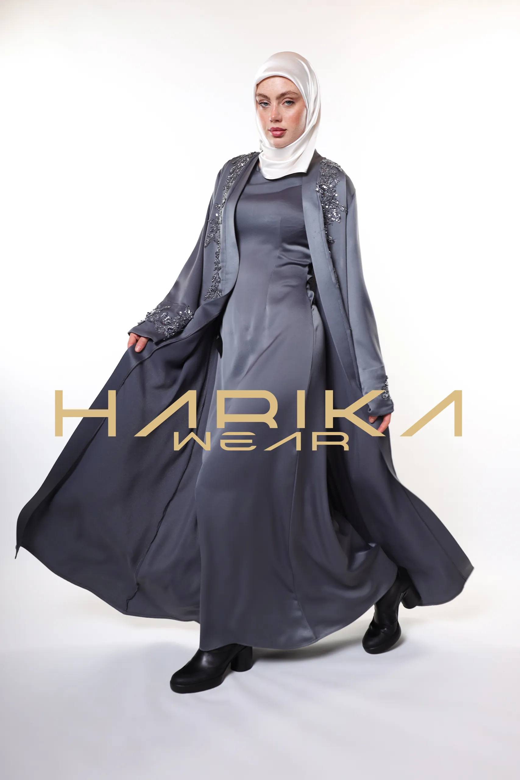 Elegant Grey Abaya with Crystals Embroidery - Image 11