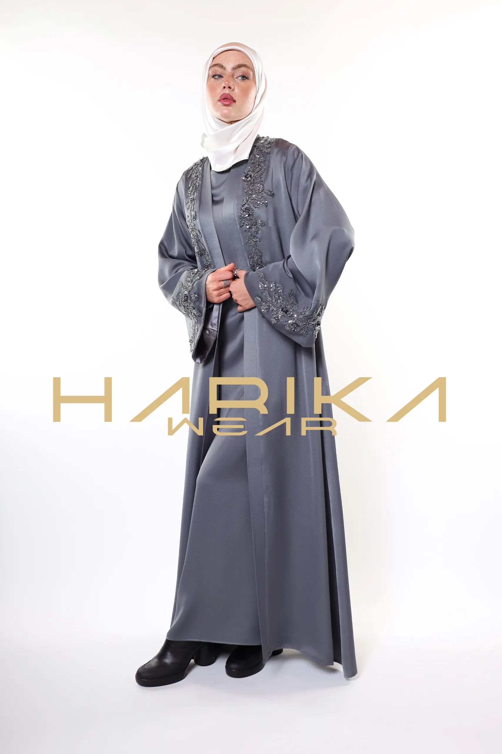 Elegant Grey Abaya with Crystals Embroidery - Image 12