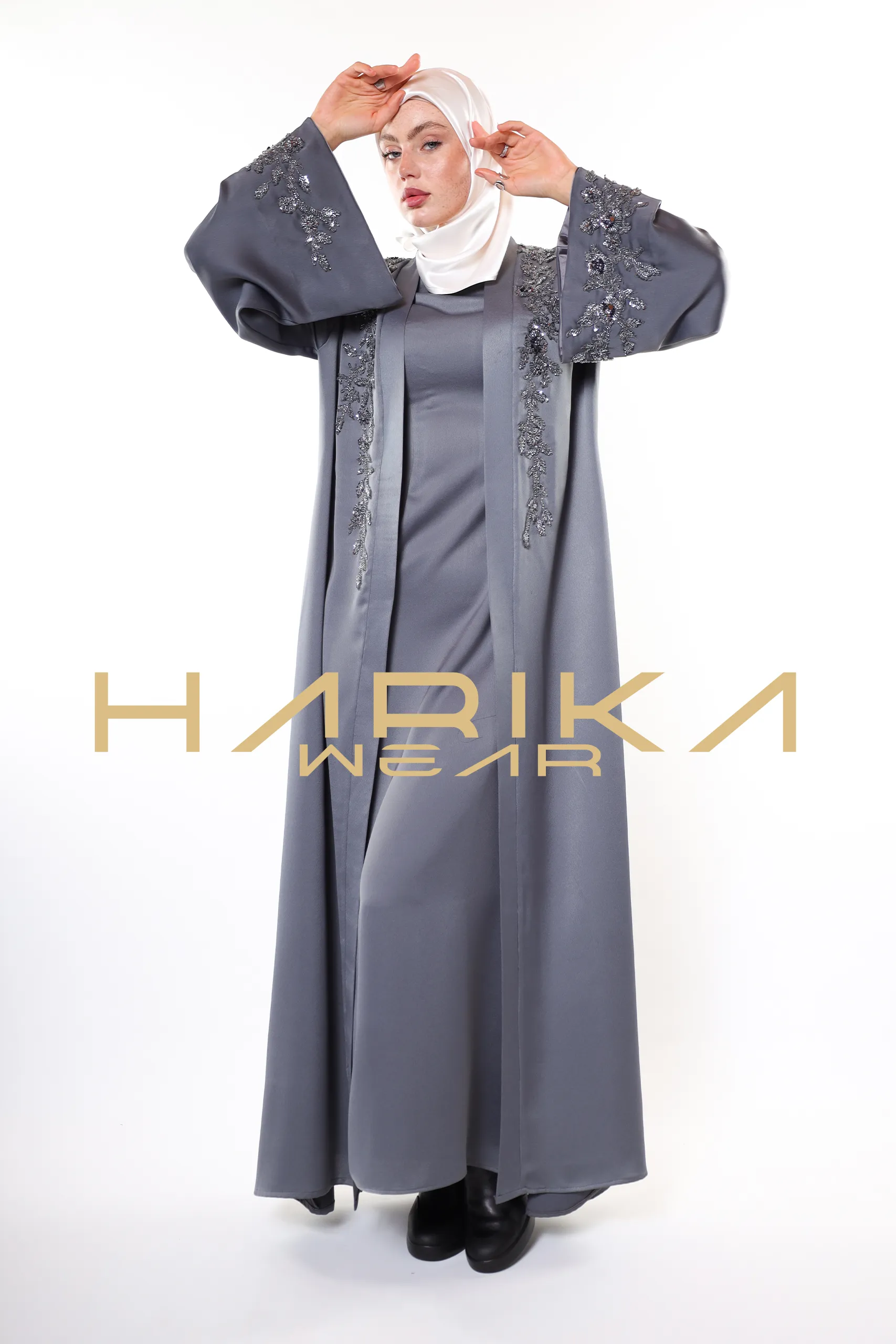 Elegant Grey Abaya with Crystals Embroidery - Image 13