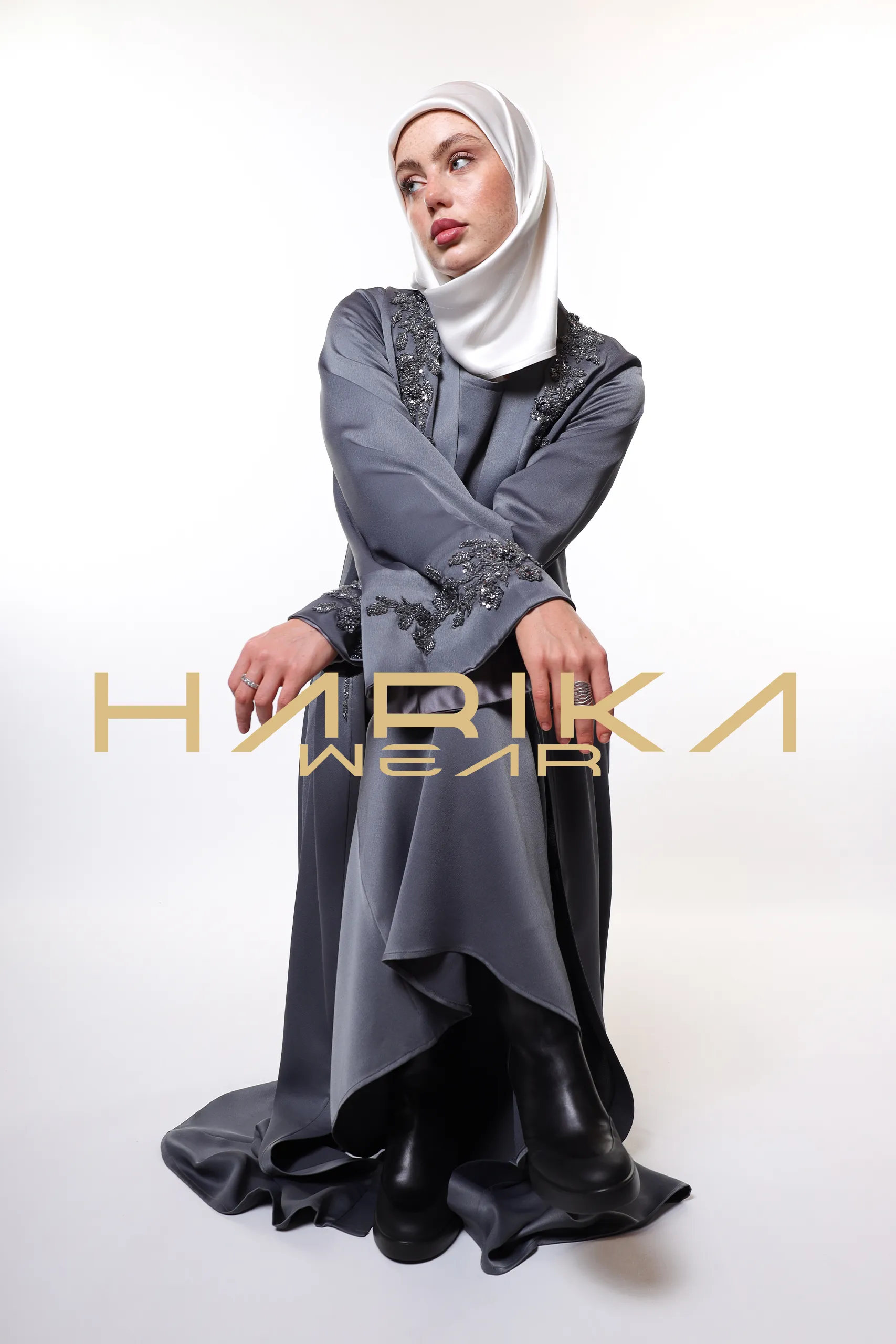 Elegant Grey Abaya with Crystals Embroidery - Image 2