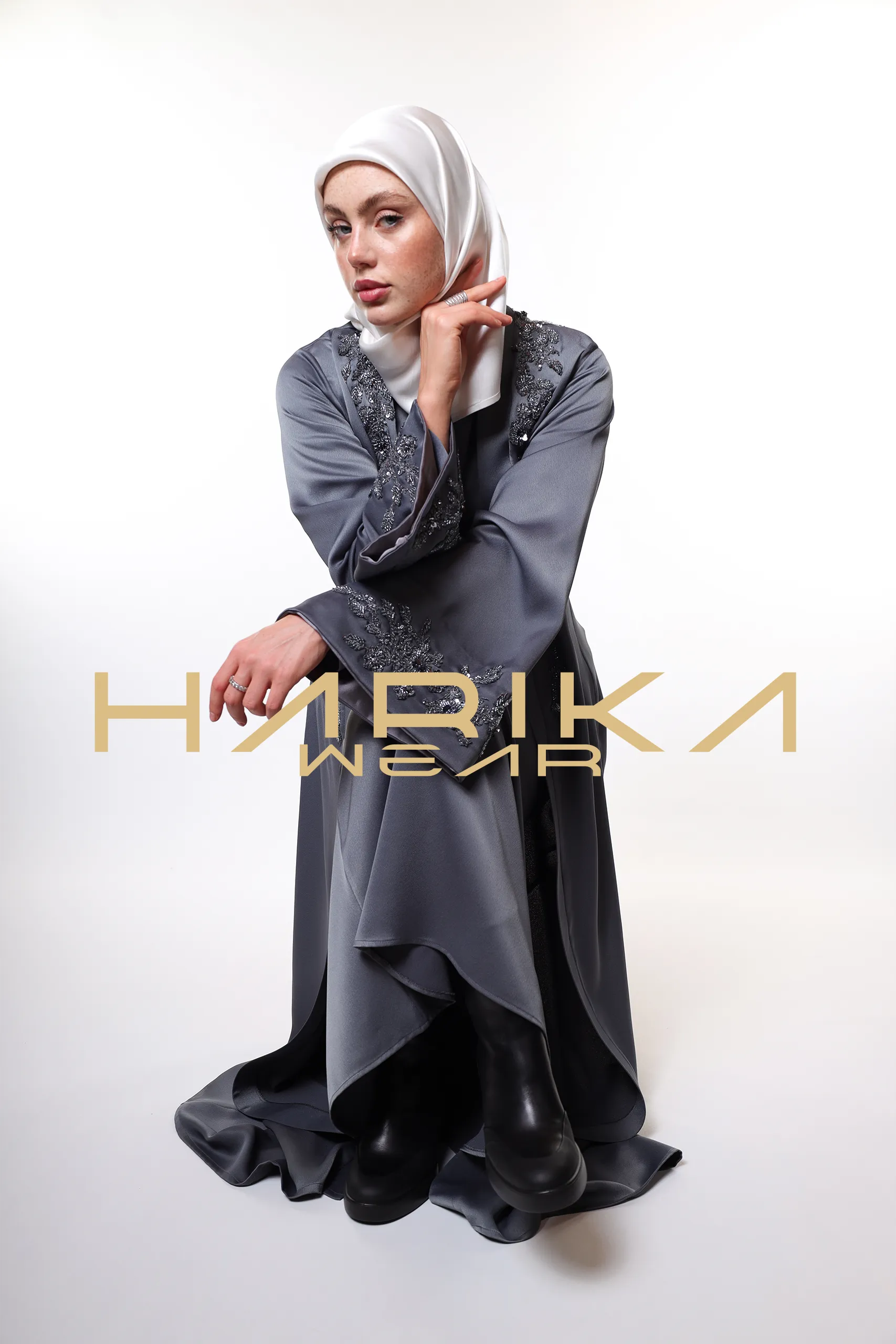 Elegant Grey Abaya with Crystals Embroidery - Image 14