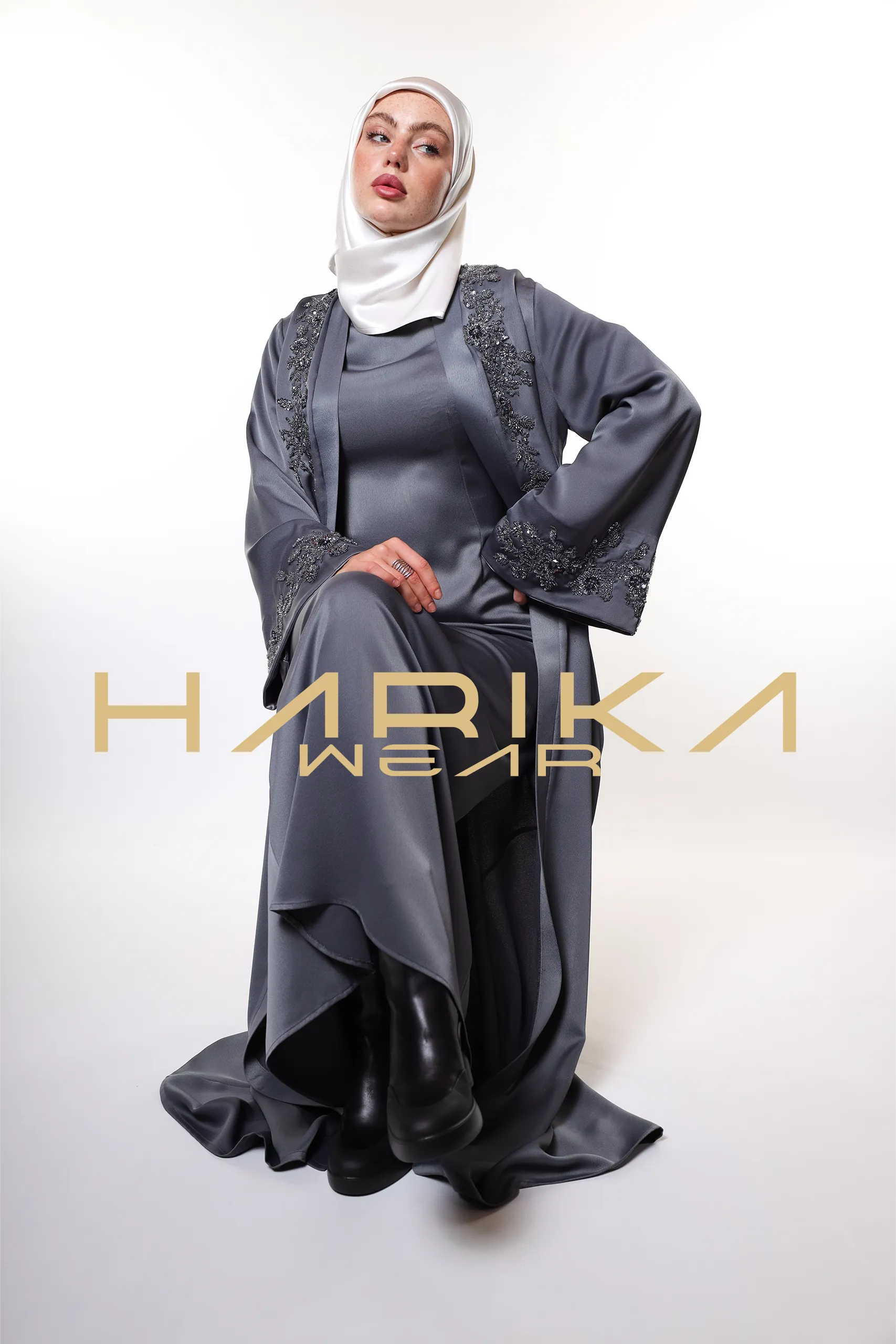 Elegant Grey Abaya with Crystals Embroidery