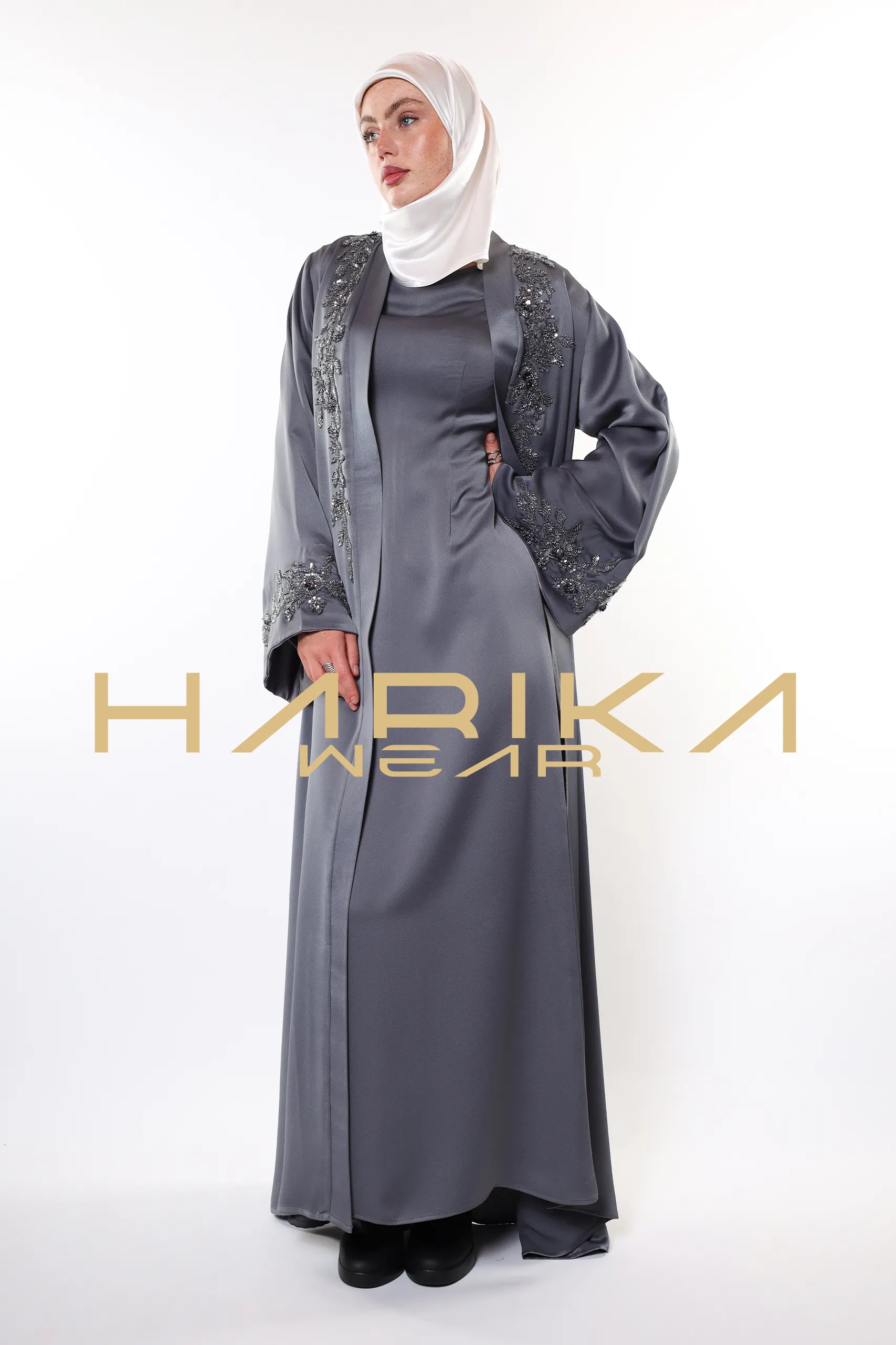 Elegant Grey Abaya with Crystals Embroidery - Image 3
