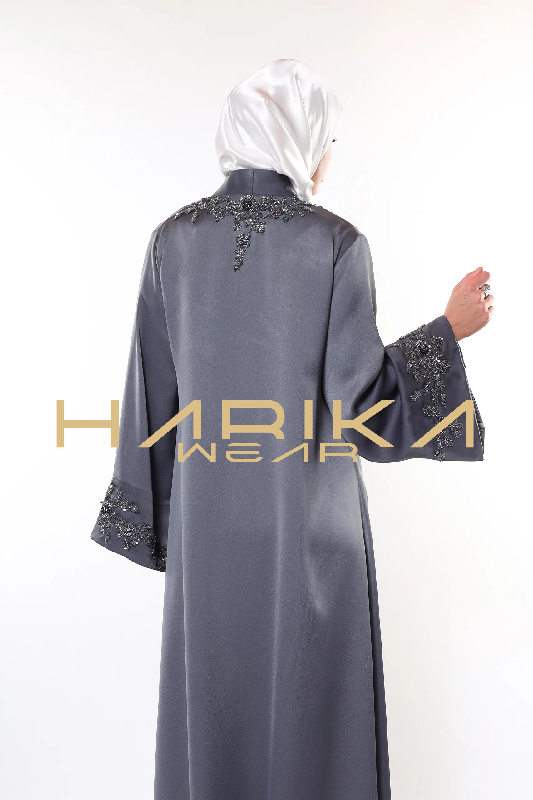 Elegant Grey Abaya with Crystals Embroidery - Image 4